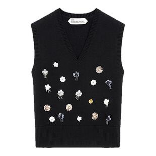 RODERIC WONG2025秋季轻奢花朵钉珠羊毛V领背心马甲静奢风穿搭女