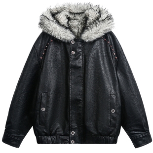 男士冬季黑色银狐毛加绒夹克外套男款加厚2025新款设计感上衣皮衣