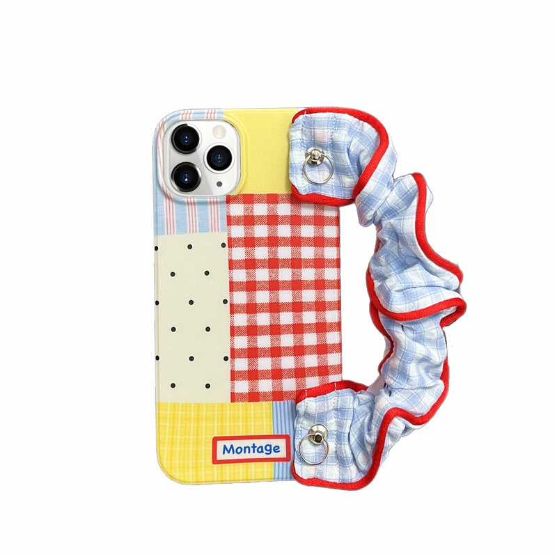 夏日ins蓝色布艺格子挂绳腕带适用iphone16promax苹果17手机壳新款13手提14Pro斜挎可背15proma