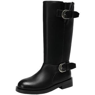 EBLAN/伊伴两穿游牧风长筒靴女2025秋冬新款金属搭扣堆堆骑士靴子