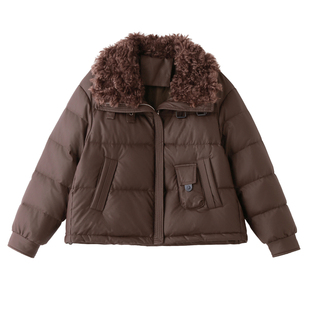 艾莱依羊羔毛翻领短款羽绒服女加厚保暖白鸭绒时尚洋气pu皮外套