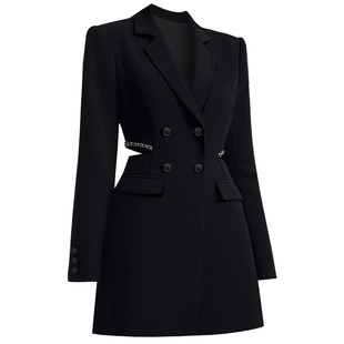 茬客【冷黑雨季】气质轻熟风西装裙2025秋腰部镂空X型外套连衣裙