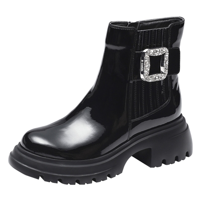 莱尔斯丹黑色漆皮中跟切尔西靴女