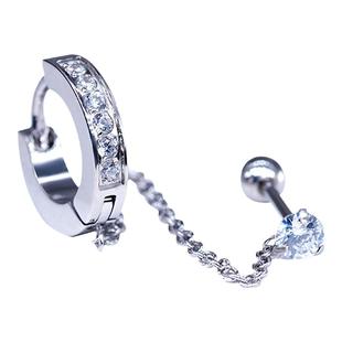 rock boil微镶锆石耳钉耳骨环双孔链条钛钢日韩高级感耳骨钉耳链