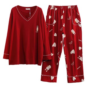 春季中年妈妈红色本命年睡衣女大码中老年春秋款纯棉家居服200斤