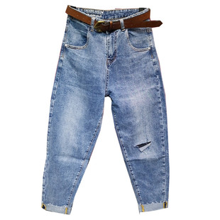 口碑推荐!洋气春款港味显瘦高腰九分小脚牛仔裤女宽松萝卜裤70670