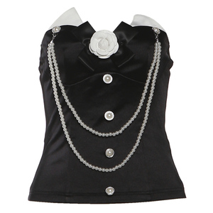 怪诞女孩 赫本风优雅立体花朵珠链撞色抹胸女 名媛千金感裹胸上衣