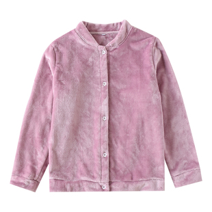 法兰绒女士单件睡衣上衣秋冬纯色加厚无领开衫珊瑚绒保暖家居内衣