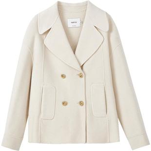 100%绵羊毛大衣女MOFAN摩凡冬装新款慵懒米色翻领设计毛呢外套