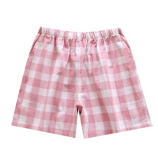 情侣睡裤短裤女夏季薄款纯棉平布简约日系格子全棉男半裤家居裤