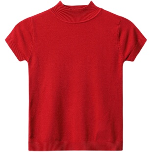 半高领薄款针织衫女短袖修身秋季2025新款小个子短款内搭打底上衣