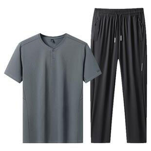 爸爸套装夏季薄款短袖弹力中年男装冰丝衣服休闲运动父亲两件套男