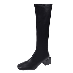 小个子白色长筒靴女不过膝2025年秋冬季高筒方头靴子粗跟高跟长靴