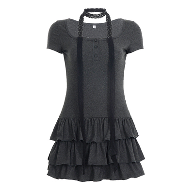 WEEKEEP 纯欲少女灰色排扣方领蕾丝围脖短袖连衣裙收腰蛋糕短裙