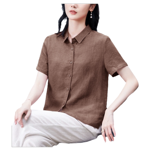 珂佐芙夏季100%亚麻简约文艺衬衫休闲百搭短袖衬衣女春夏短款上衣