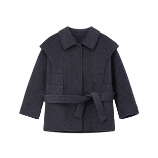 OPCP儿童双面羊绒大衣秋冬新款女童呢子外套亲子羊毛呢腰带短款