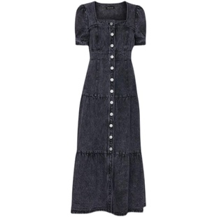 WHISTLES连衣裙牛仔裙中长A字高腰修身方领复古英伦大气显瘦