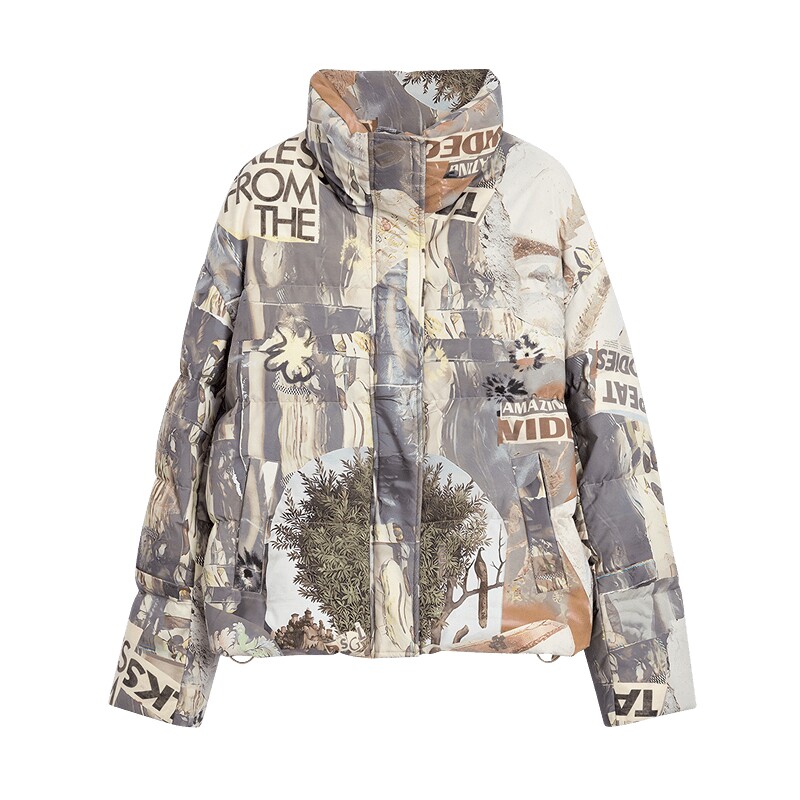 【保暖90白鸭绒】Desigual25秋冬新品手绘印花翻领短款女士羽绒服
