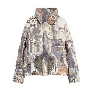 【保暖90白鸭绒】Desigual25秋冬新品手绘印花翻领短款女士羽绒服