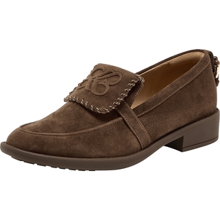 真美诗暂停键2025秋季新款羊皮虎眼石复古翻盖方圆头粗跟乐福鞋女