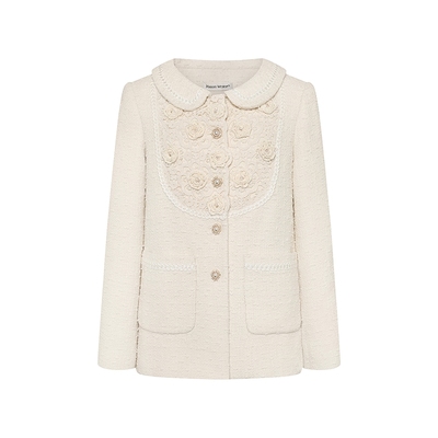 Maison Wester2026早春新品千金风粗花呢上衣娃娃领米白钩花外套
