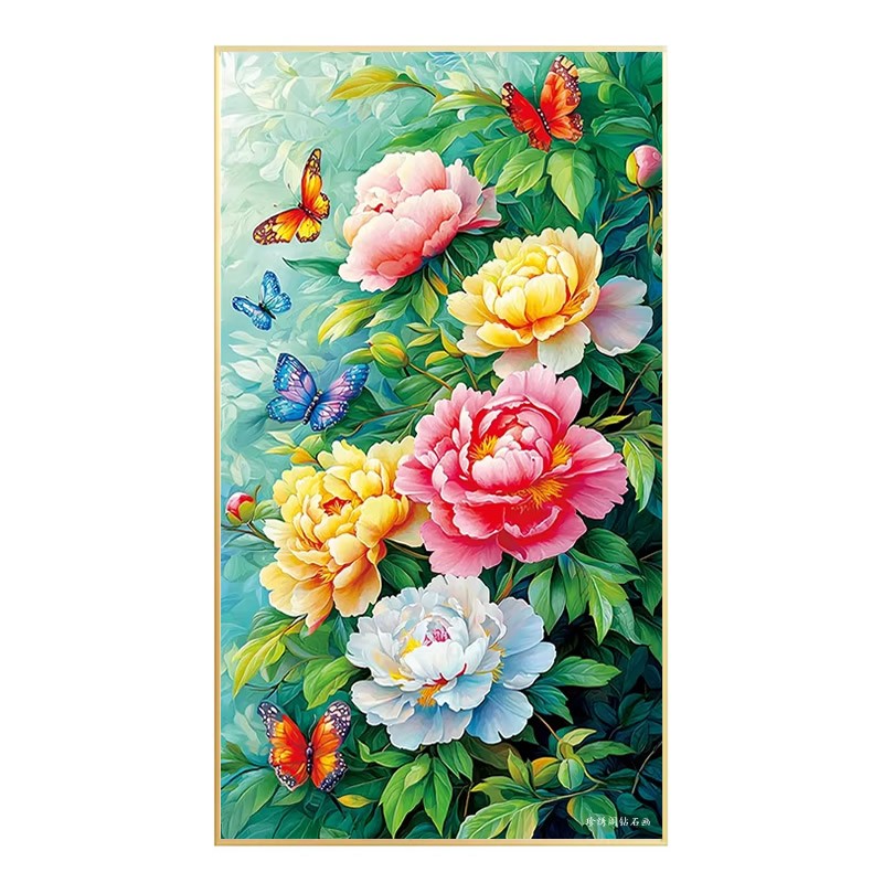 5d蝶恋花牡丹图钻石画2026新款玄关竖版客厅贴满钻十字绣花开富贵