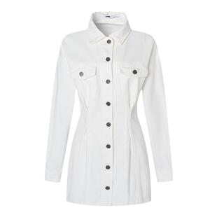 VWL春秋甜酷休闲收腰连衣裙外套修身气质白色牛仔蓝长袖连衣裙