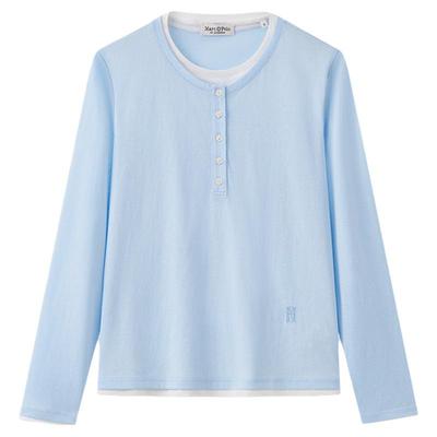 MOP亲肤透气撞色假两件长袖T恤女