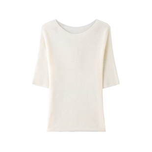 100%精纺纯羊毛无缝一体一字领轻薄透气短款半袖五分袖女装