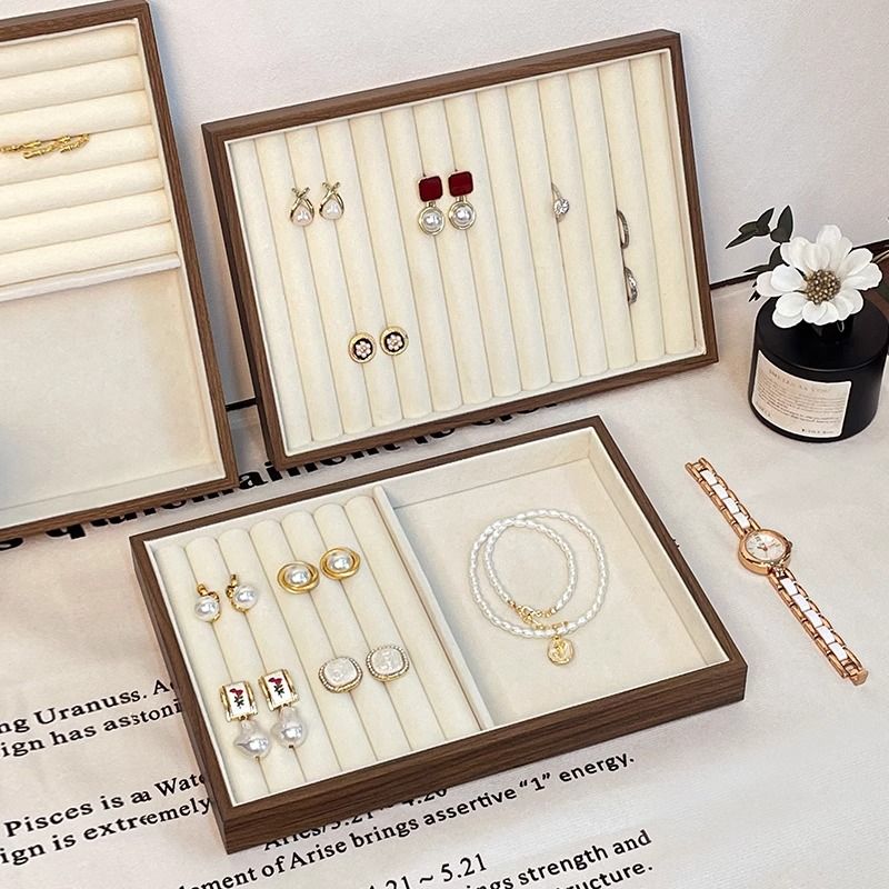 首饰托盘胡桃木绒布戒指耳钉项链饰手串陈列展示大容量饰品收纳盒