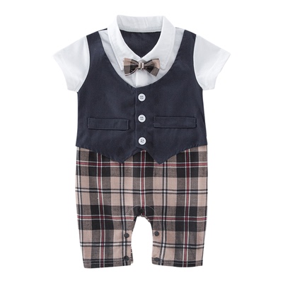 短袖假2件哈衣西装爬服