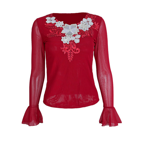 新款新疆舞蹈上衣女春夏季款网纱修身款广场舞服民族舞维族舞服装