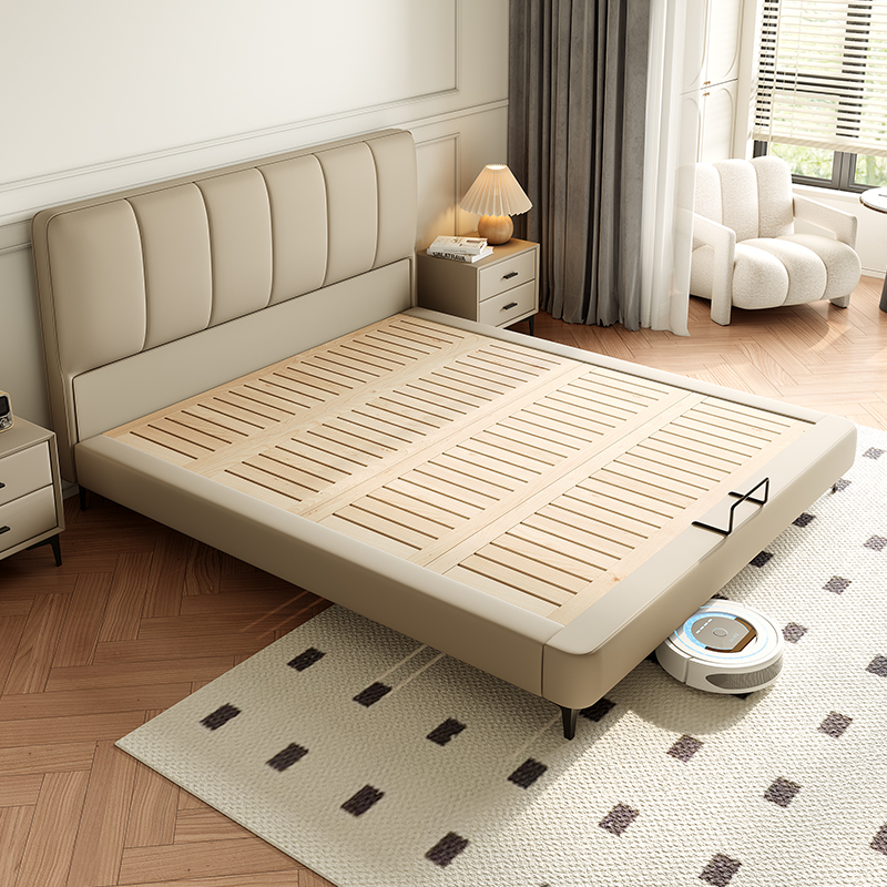 现代简约真皮床小户型主卧婚床高箱储物抽屉床薄床头双人床榉木床