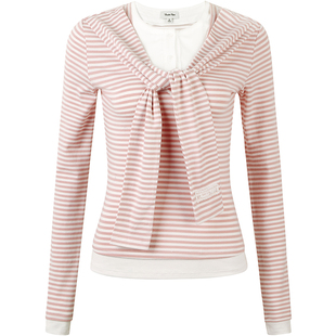 GUUKAHERO撞色条纹假两件长袖t恤女韩系秋亨利领披肩百搭正肩上衣