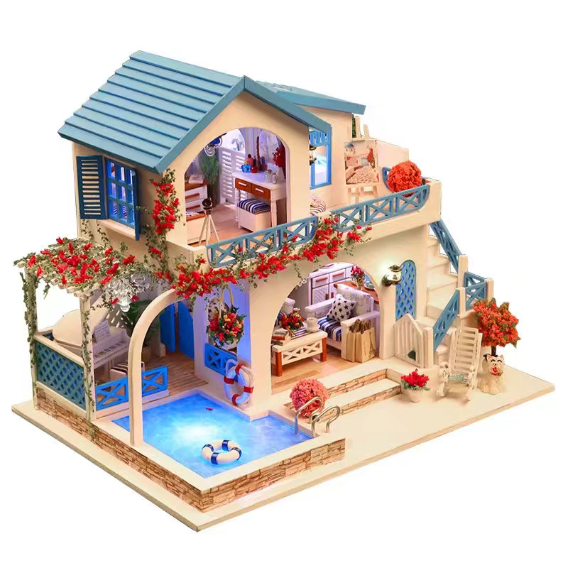 成品现货diy小屋蓝白别墅男友