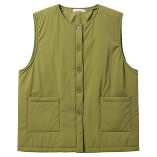 果绿色日系复古宽松夹棉马甲背心女春秋新款双口袋设计感无袖外套