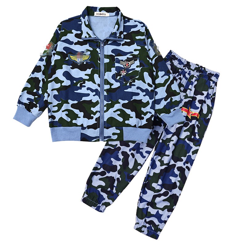 儿童蓝色迷彩服秋冬季套装学生军训服装男童海蓝纯棉外套蓝色警服
