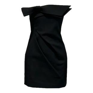 【现货】时尚优雅富家千金蝴蝶结小黑裙鱼骨收腰褶皱礼服连衣裙女