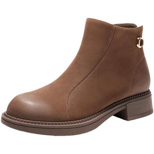 百丽超软羊皮显瘦粗跟短靴子女冬季新款加绒显瘦时装靴E4Y1DDD5