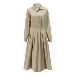 NON RESTRAIN莱赛尔天丝长袖高领衬衫连衣裙女松弛感通勤百褶长裙