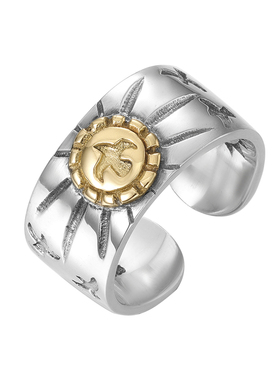 S925纯银高桥太阳射线光芒戒指男士单身潮流小众飞鸟点金羽毛指环