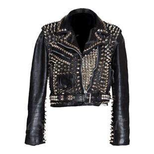 美国代购Spiked◇手作摇滚全重金属白兰度铆钉真皮机车夹克皮衣