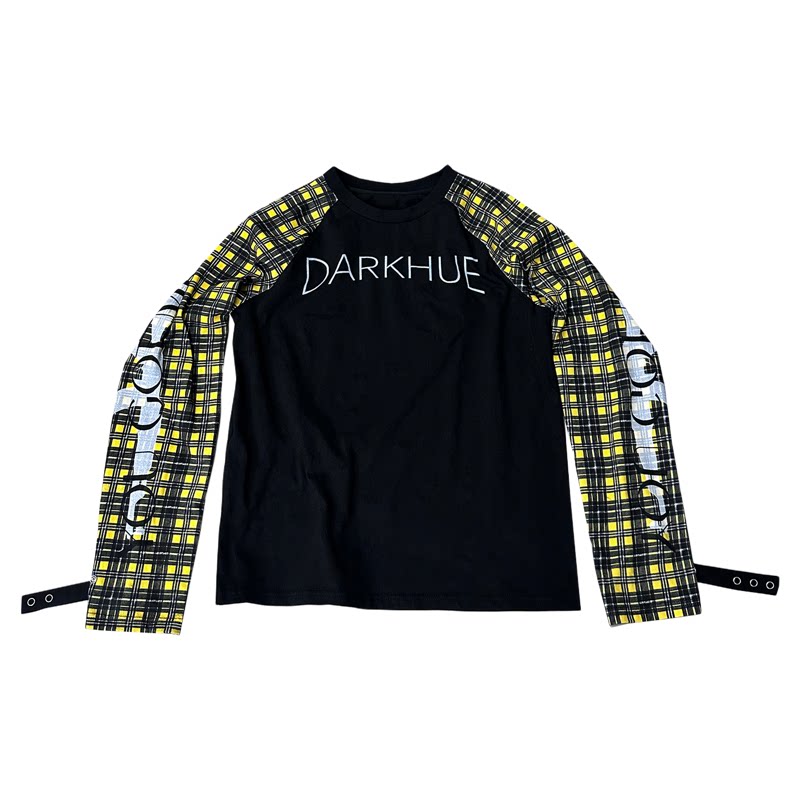 暗调darkhue街头格纹拼接圆领插肩袖T恤修身长袖打底衫男女