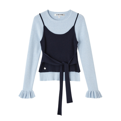 SOMESOWE 假两件撞色圆领系带毛衣