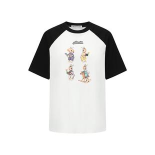 张淼怡同款Alexia Sandra兔子印花拼色插肩袖圆领短袖T恤上衣女夏