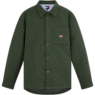 Tommy秋冬男女美式潮流复古菱格绗缝宽松落肩衬衫翻领棉服外套