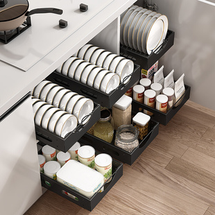厨房碗架拉篮抽屉式 置物架橱柜内置分隔抽拉放杯子餐具碗碟收纳架