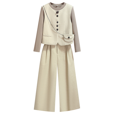 长袖T恤外搭西装马甲九分阔腿裤