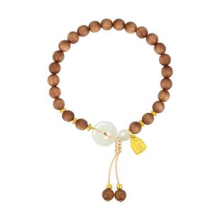 周大生黄金镶玉足金老山檀和田玉手绳女上上签手链送女友新年礼物