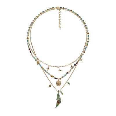 MASW复古金绿羽毛多层颈链民族风